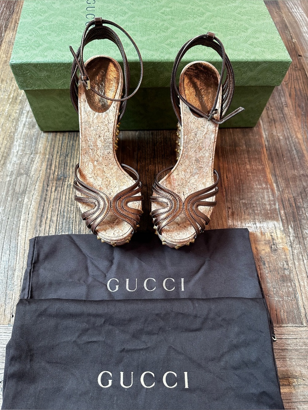 Gucci Metallic Bronze Studded Wedges